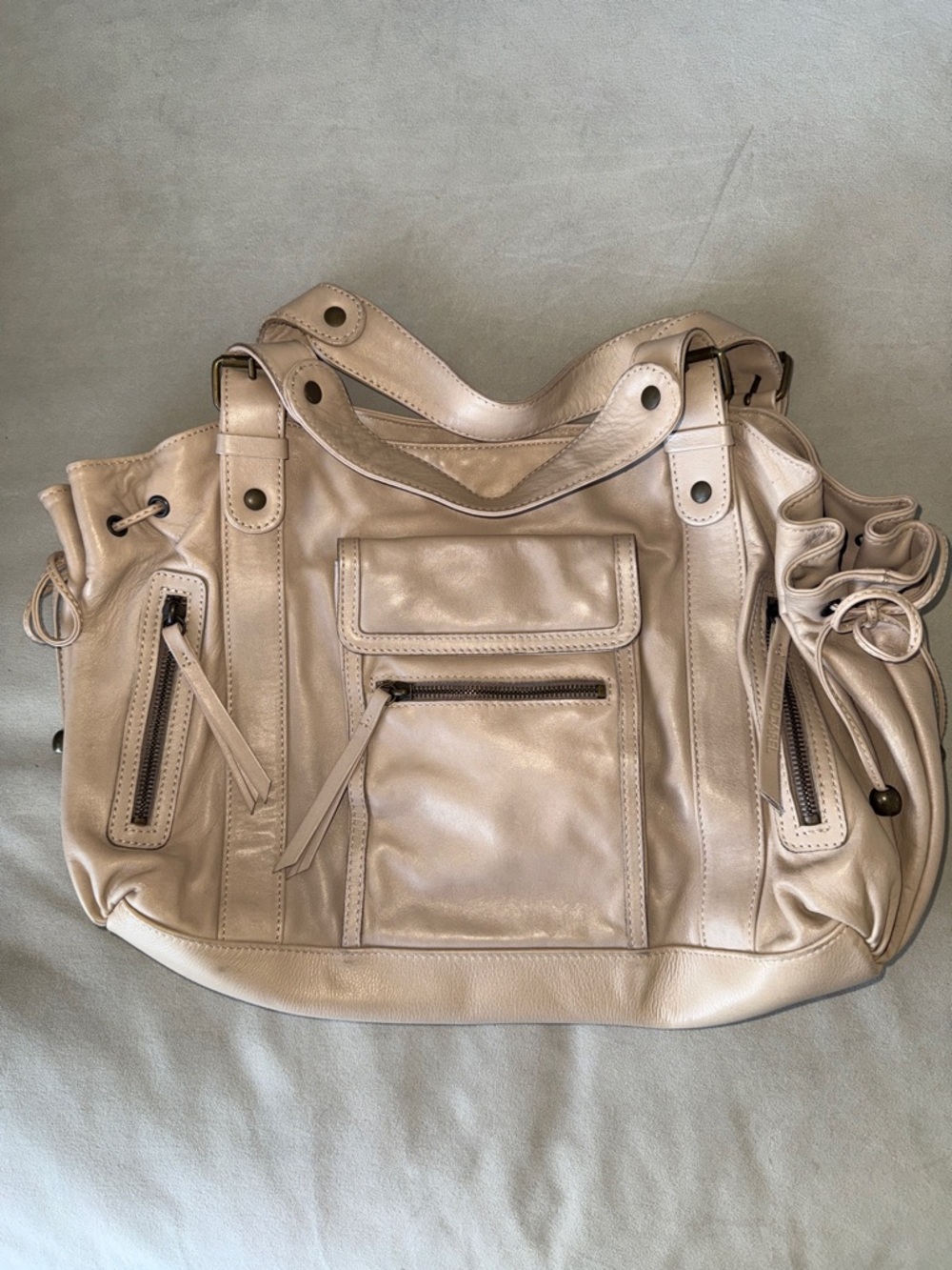 Gerard Darel Beige Leather Shoulder Bag with Front Pocket